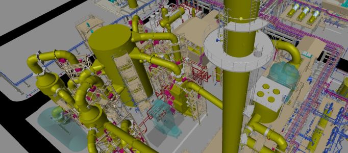 3D model of the site showing the overview of the convertor and stack