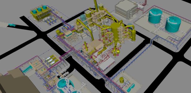 3D model of the site showing the overview of the whole Sulphuric acid plant including melting area, storage area, scrubbing area, cooling tower area.