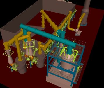 3D model of the site where the scrubbing towers (1-4), venturi scrubbers (1-4), ducting, routing etc can be seen