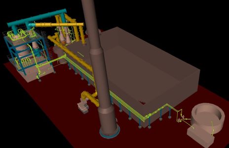 3D model showing the overview of the whole site including the scrubbing system, the stack and silica plant